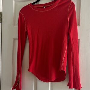 Free People Vibrant Red waffle Long Sleeve Top